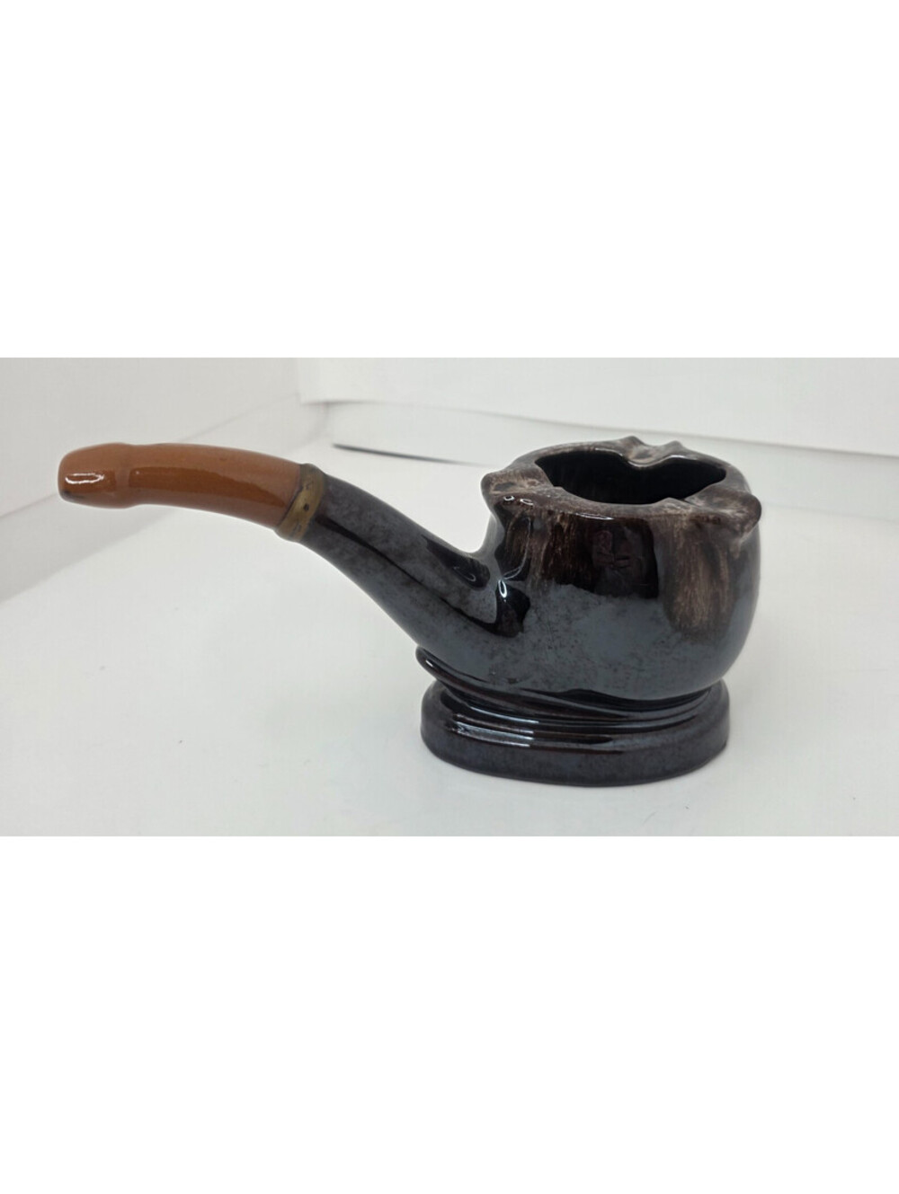 Vintage MCM Pottery Pipe Shaped Ashtray Planter Brown Drip Glaze Japan 1960s